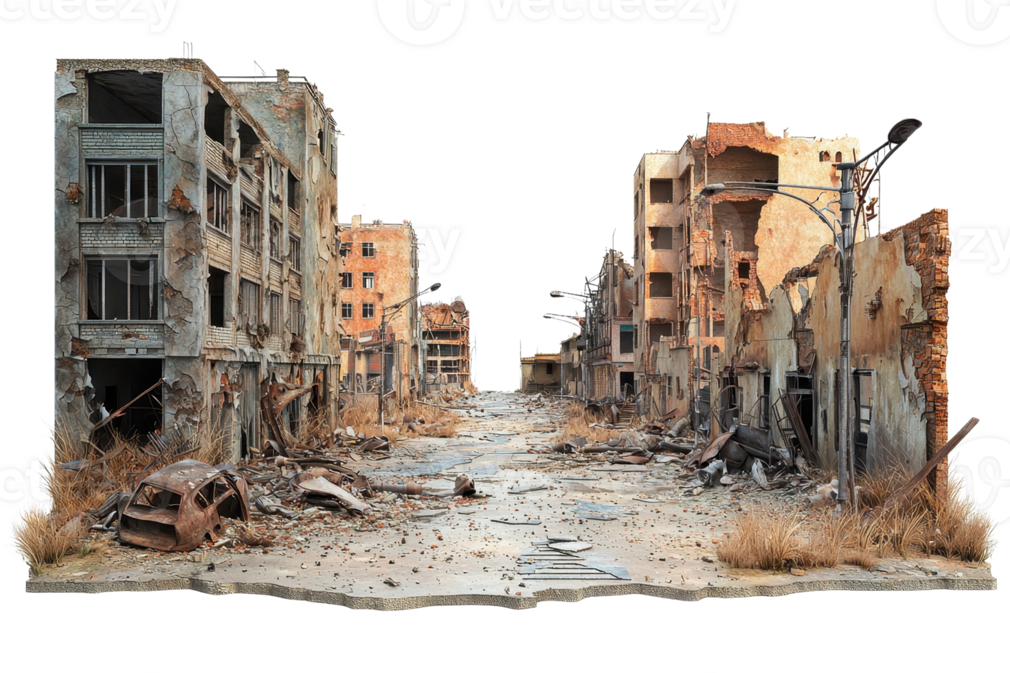 A desolate urban street lined with deteriorating buildings, showcasing signs of decay and neglect. png