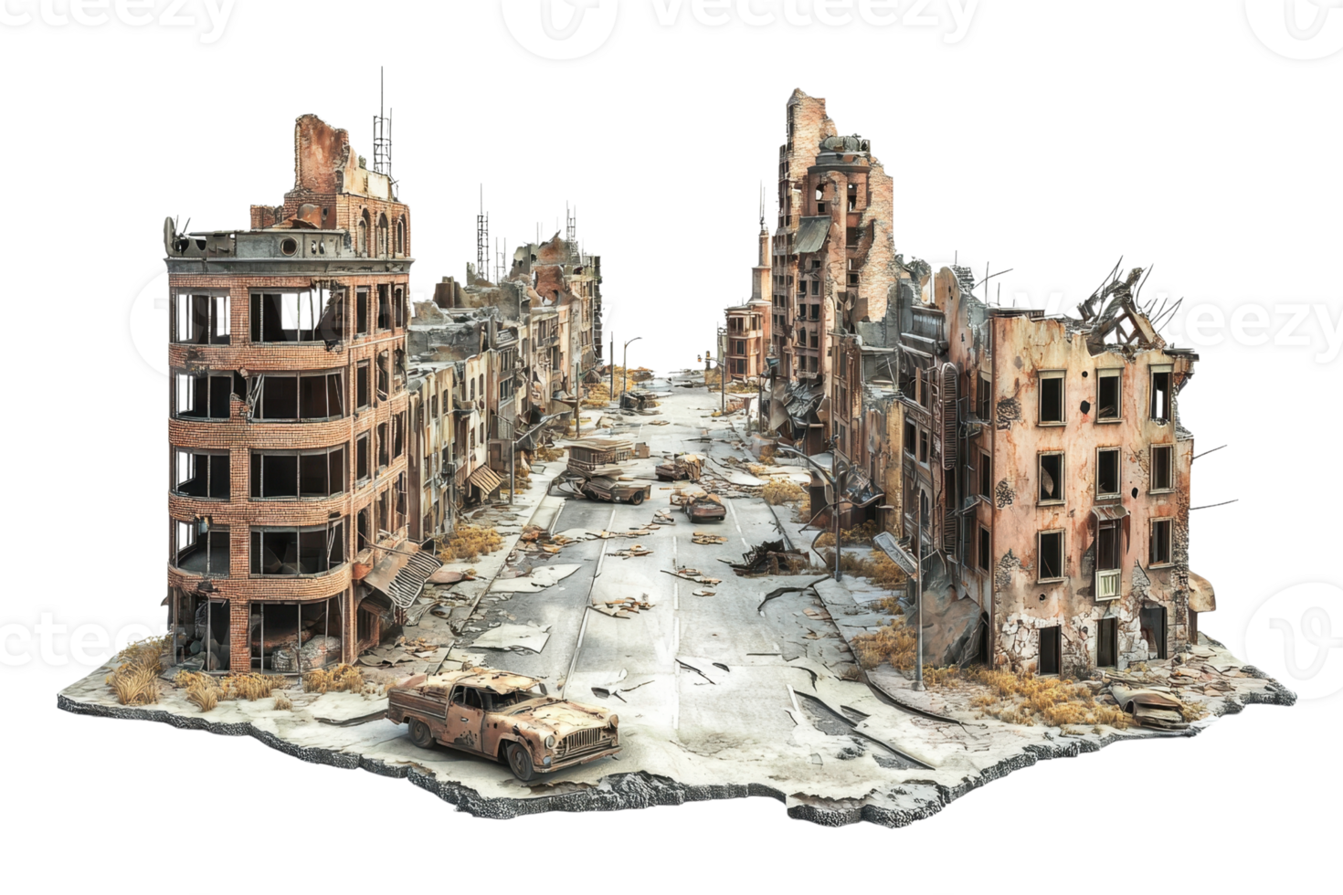 A detailed model of a devastated urban landscape, featuring ruined buildings and debris scattered along a desolate street. png