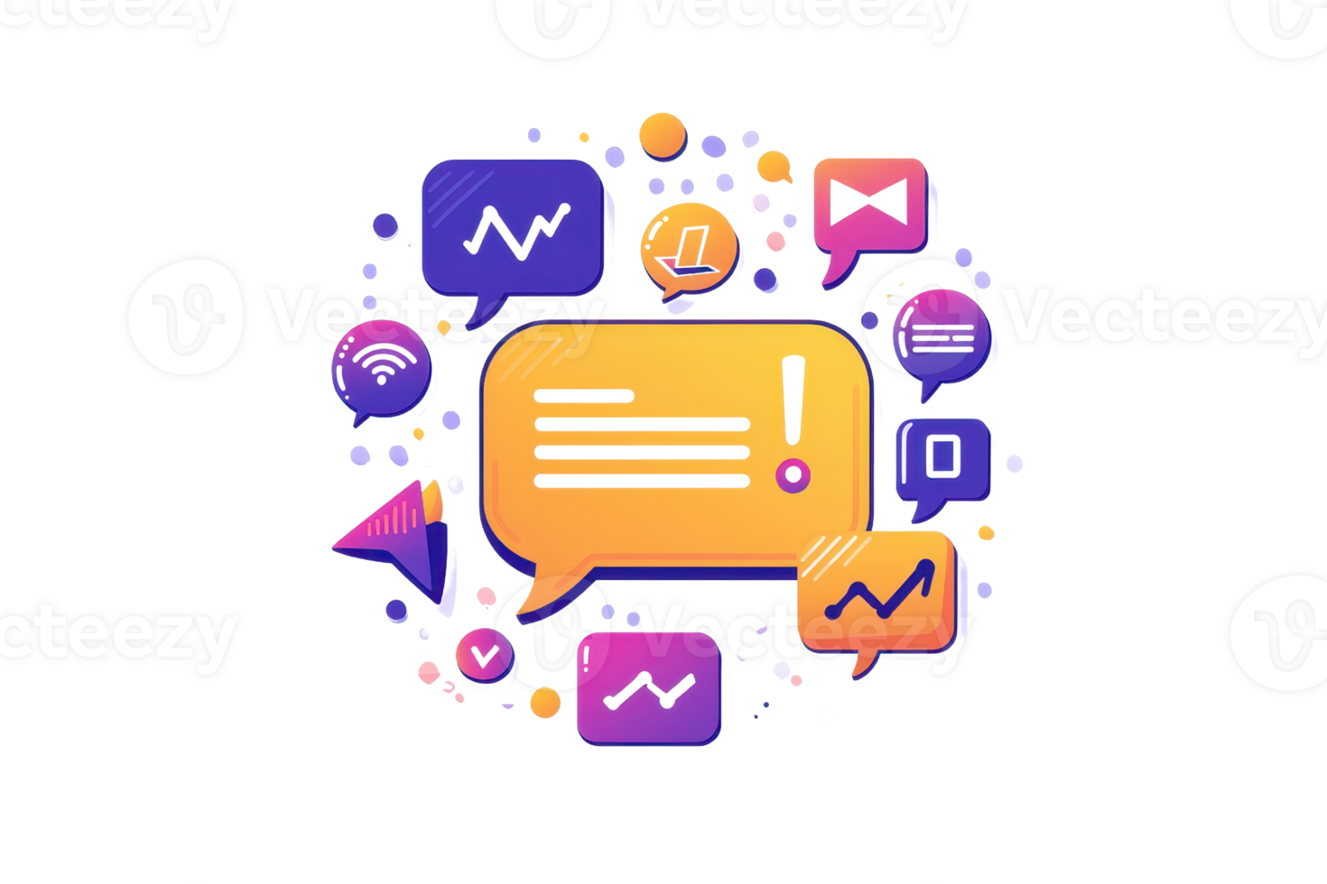 Speech bubbles in vibrant colors containing various symbols representing communication and information. png