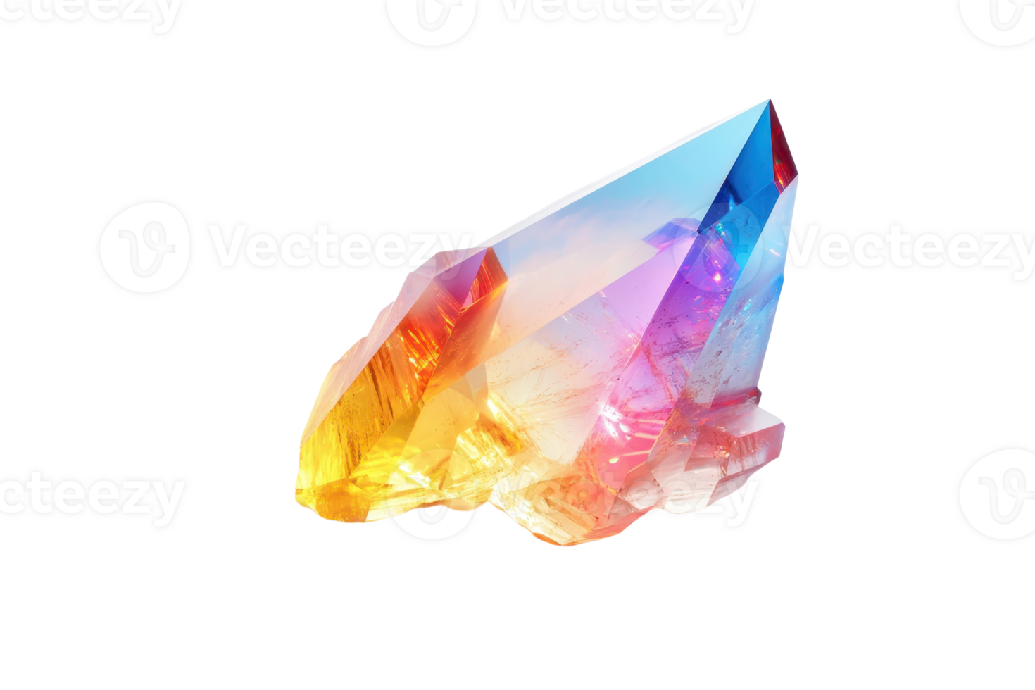 A vibrant, multicolored crystal with sharp edges and a unique shape, showcasing various hues that blend beautifully together. png