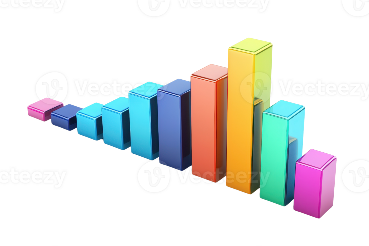 Colorful bar graph representing data trends with varying heights and hues, illustrating statistical information visually. png