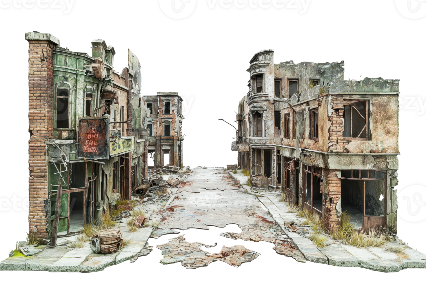 A detailed depiction of a dilapidated urban street with crumbling buildings, debris, and overgrown vegetation highlighting urban decay. png