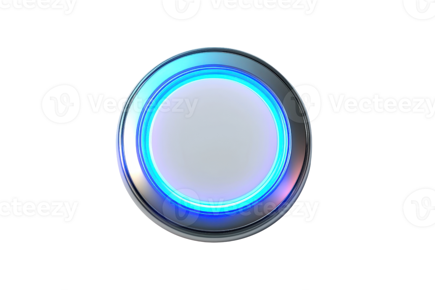 A circular button featuring a blue illuminated ring around a white center, designed for interactive or control functions. png