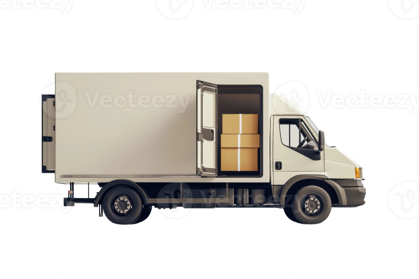 A delivery truck with an open side door revealing stacked boxes inside, emphasizing its utility for transporting goods. png