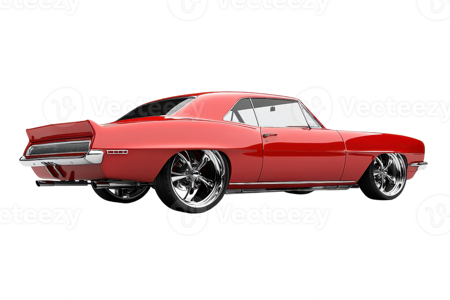 A sleek, red classic car with shiny chrome wheels, showcasing its vintage design and polished appearance. png