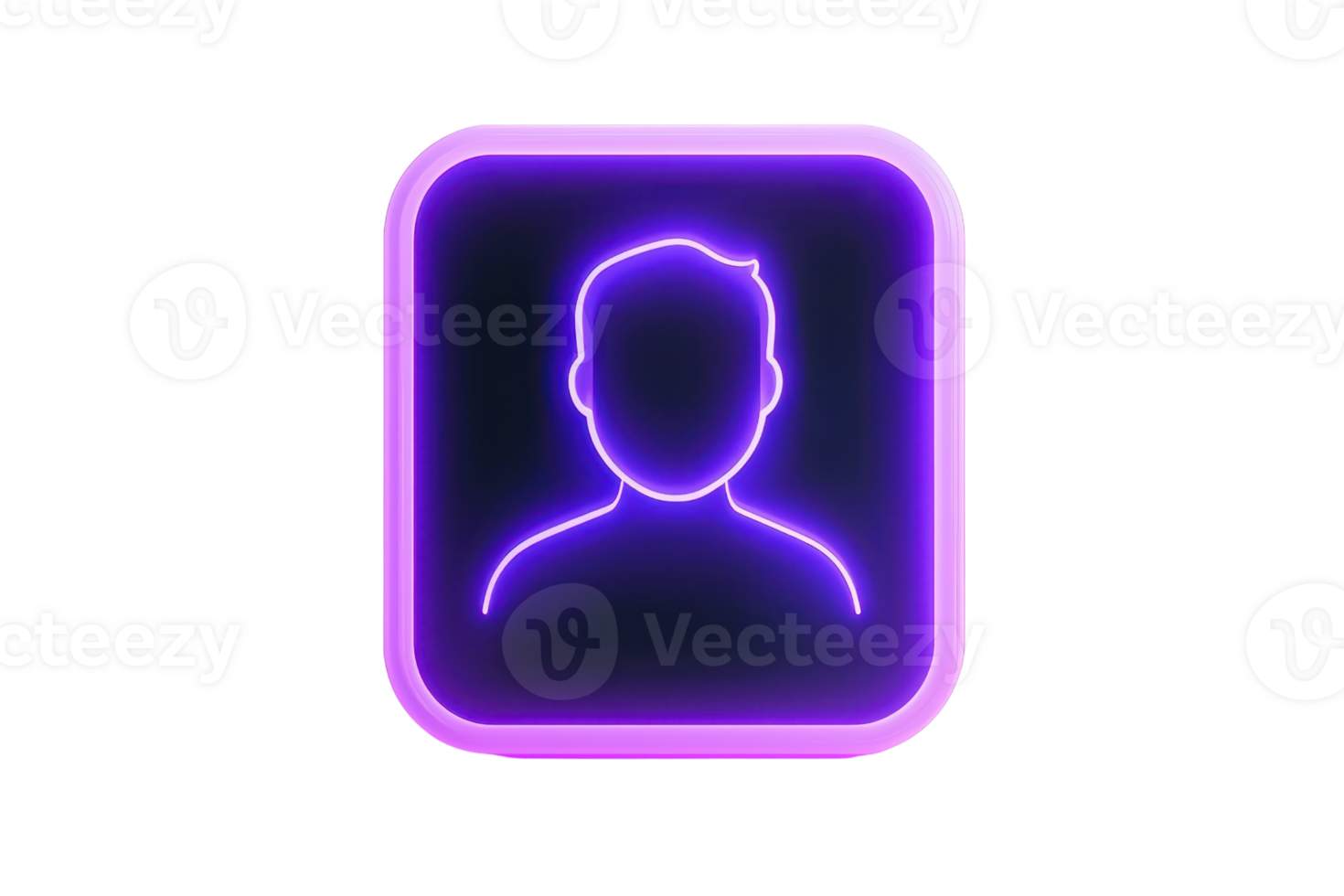 A neon icon depicting a stylized silhouette of a person, characterized by a bright purple outline against a dark background. png