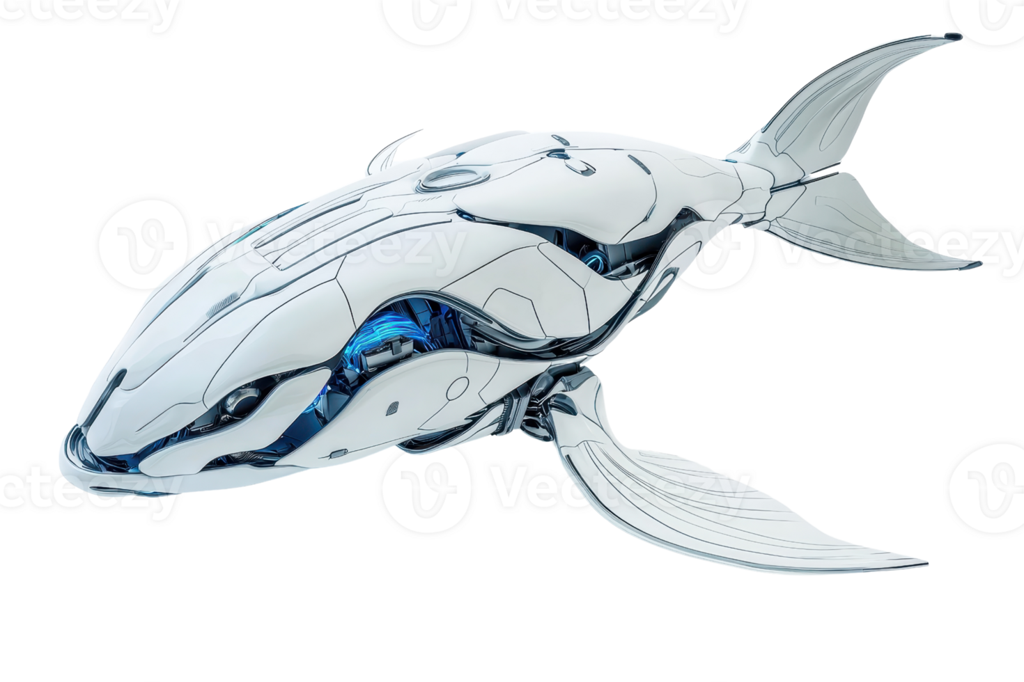 A futuristic robotic whale with sleek design and intricate mechanical details, showcasing a blend of technology and marine elegance. png