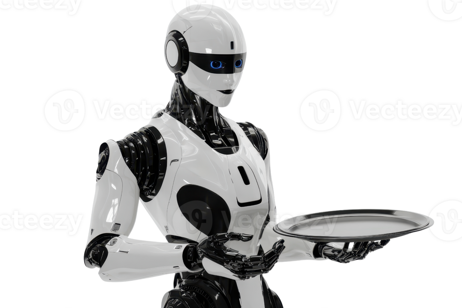 A futuristic robot holds a metallic tray, showcasing sleek design and advanced technology. png