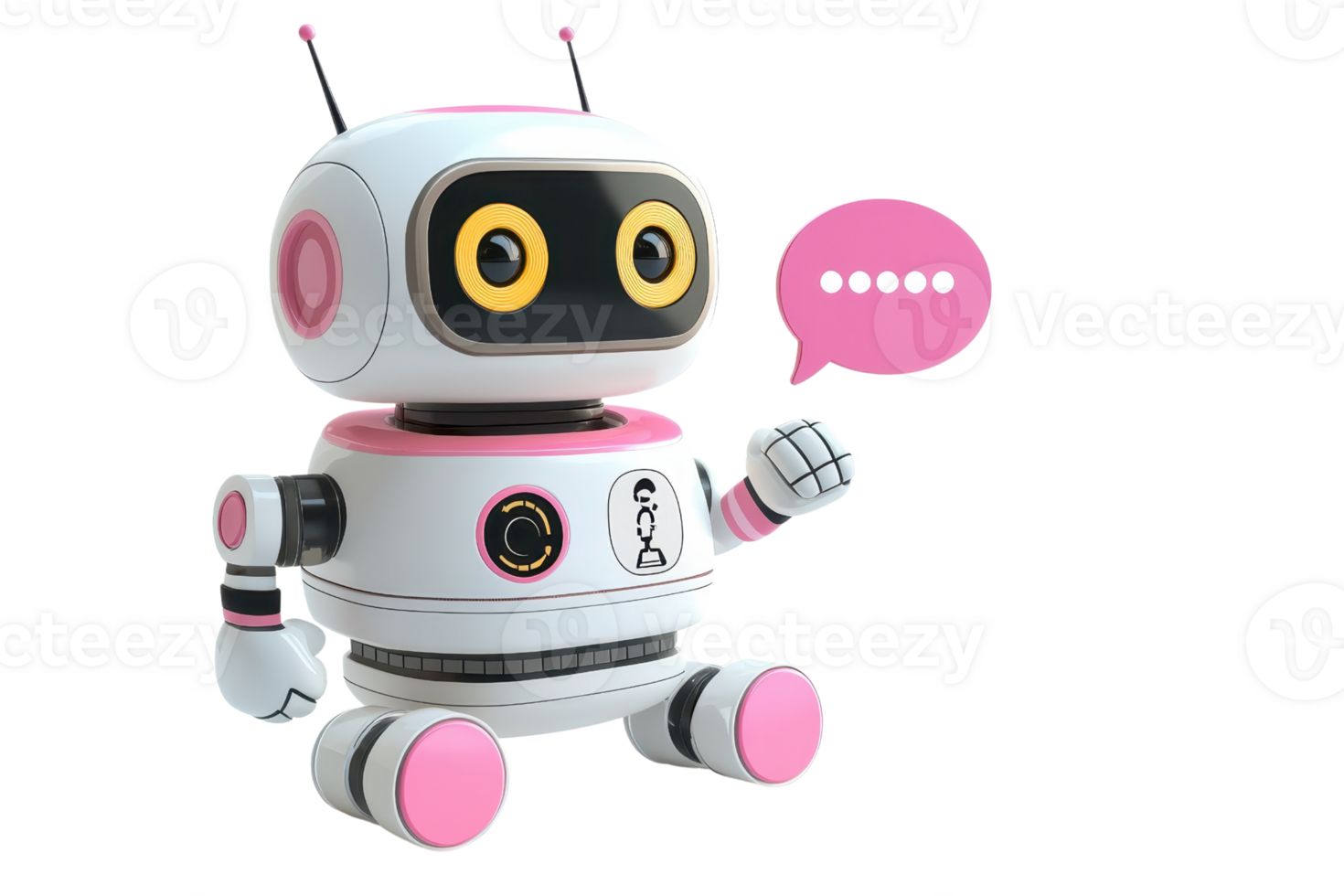 A cute, cartoonish robot with big eyes, a friendly expression, and pink accents, holding its hand up as if ready to interact. png