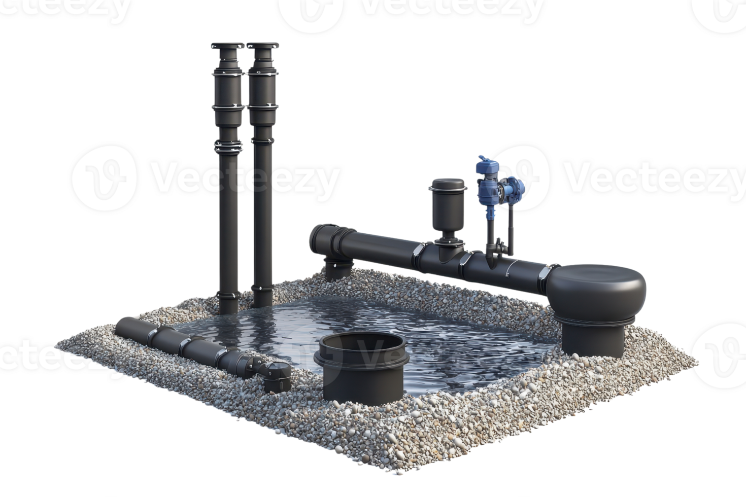 A detailed representation of a water pipeline system featuring various pipes, valves, and a reservoir base. png