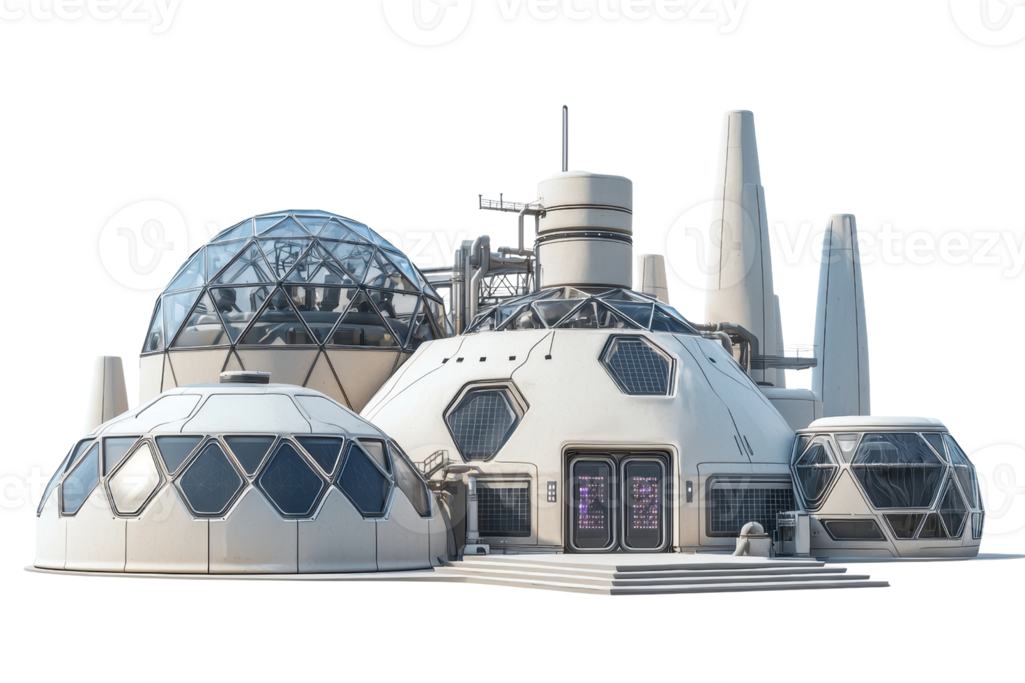 A futuristic dome-shaped building featuring geometric designs and a combination of glass and solid structures. png