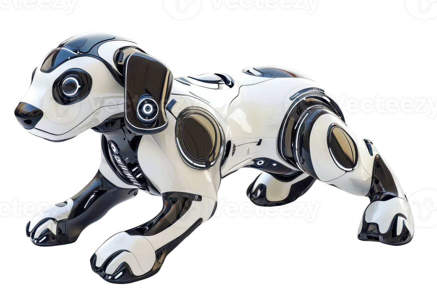 A sleek, robotic dog with a futuristic design, featuring a glossy black and white exterior and articulated limbs for movement. png
