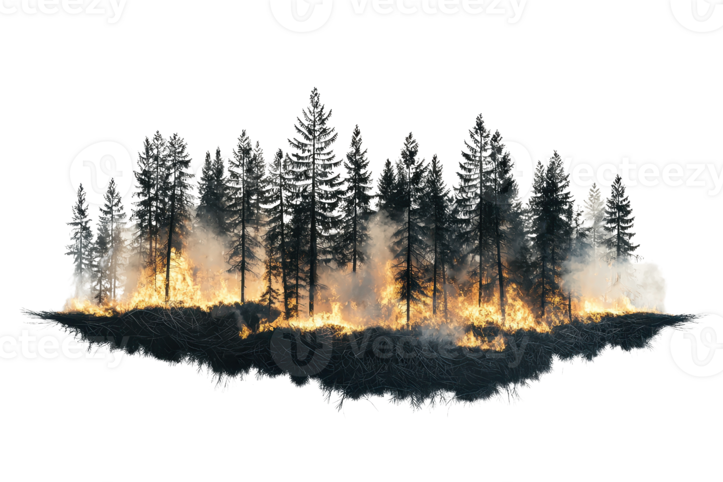 A cluster of trees engulfed in flames, surrounded by smoke, depicting a forest fire in progress. png