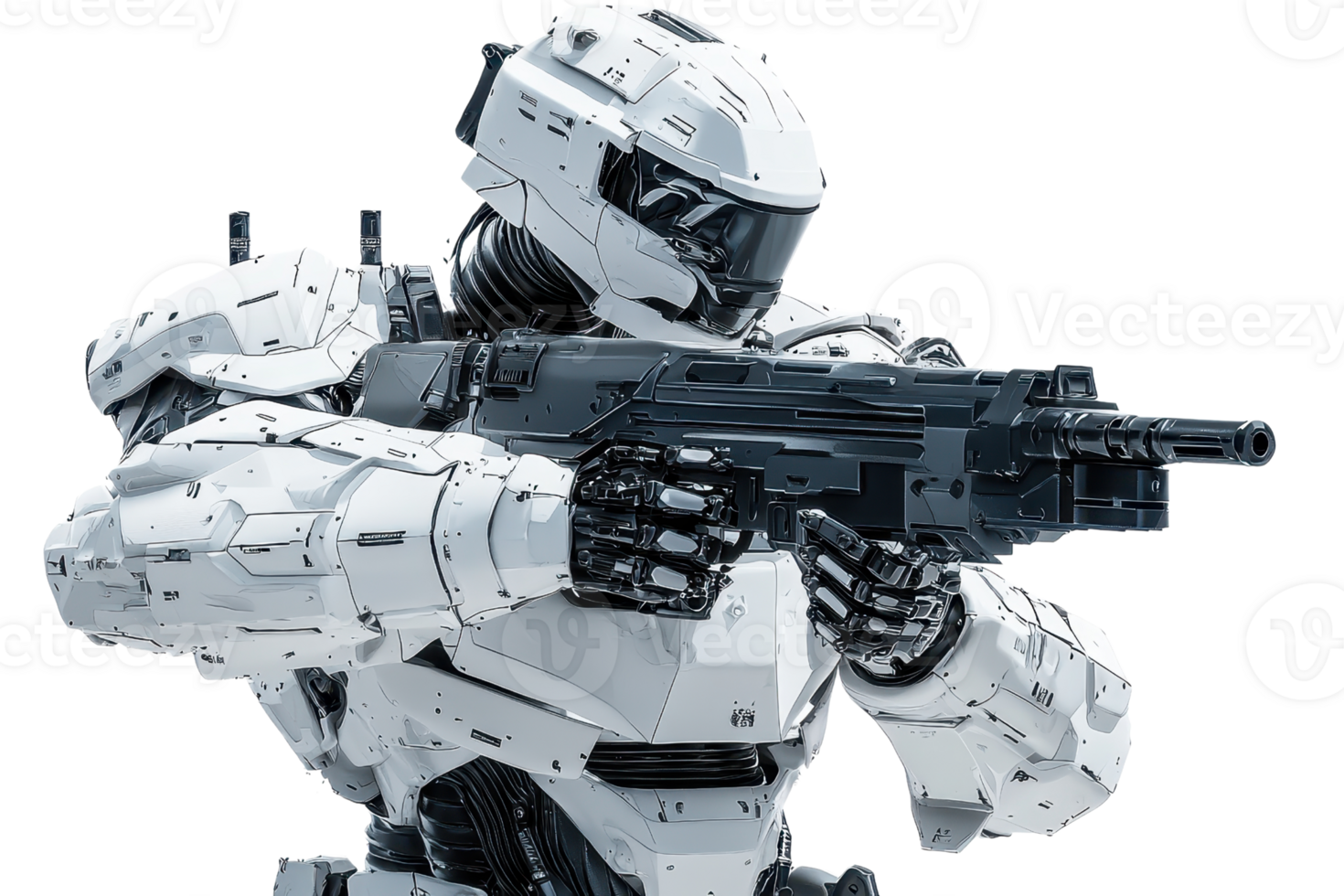 A futuristic robot in white armor, aiming a gun, showcasing advanced technology and design in a combat-ready stance. png