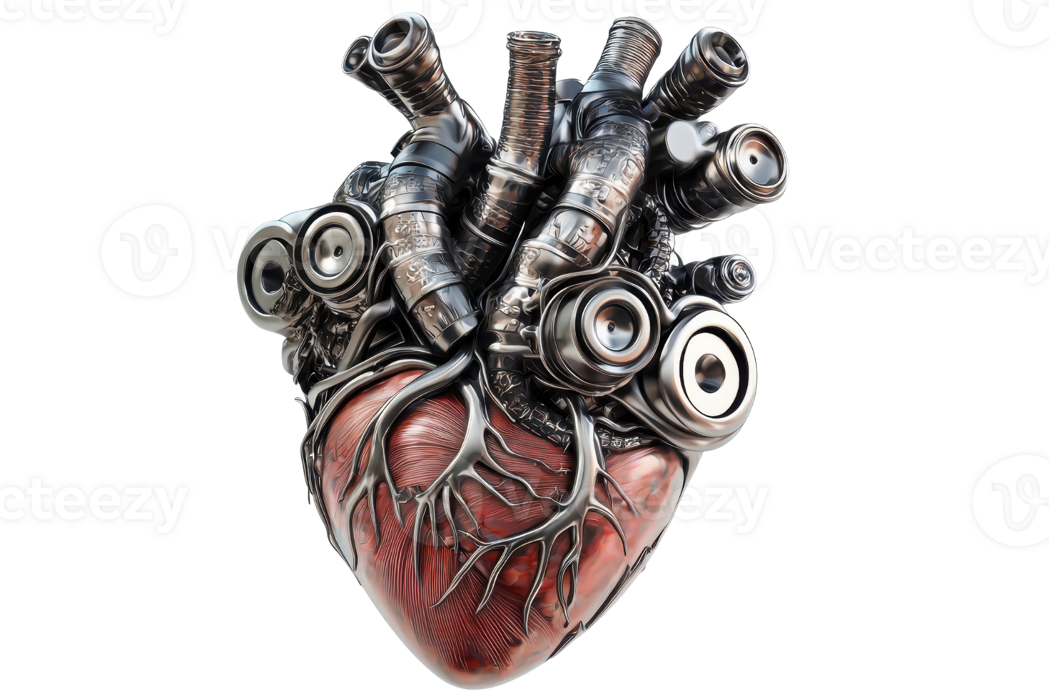 A stylized heart with mechanical elements and intricate roots, blending organic and industrial design. png