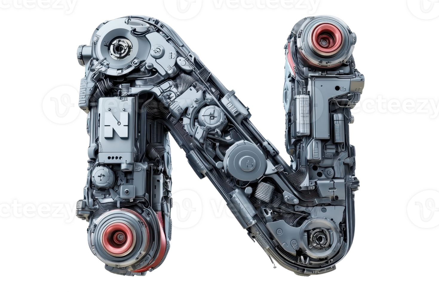 A mechanical letter N composed of various intricate parts and components, showcasing a futuristic and industrial design. png