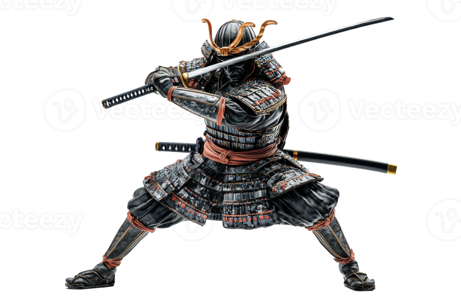 A fierce samurai in traditional armor strikes a dynamic pose, wielding a katana with precision and strength. png