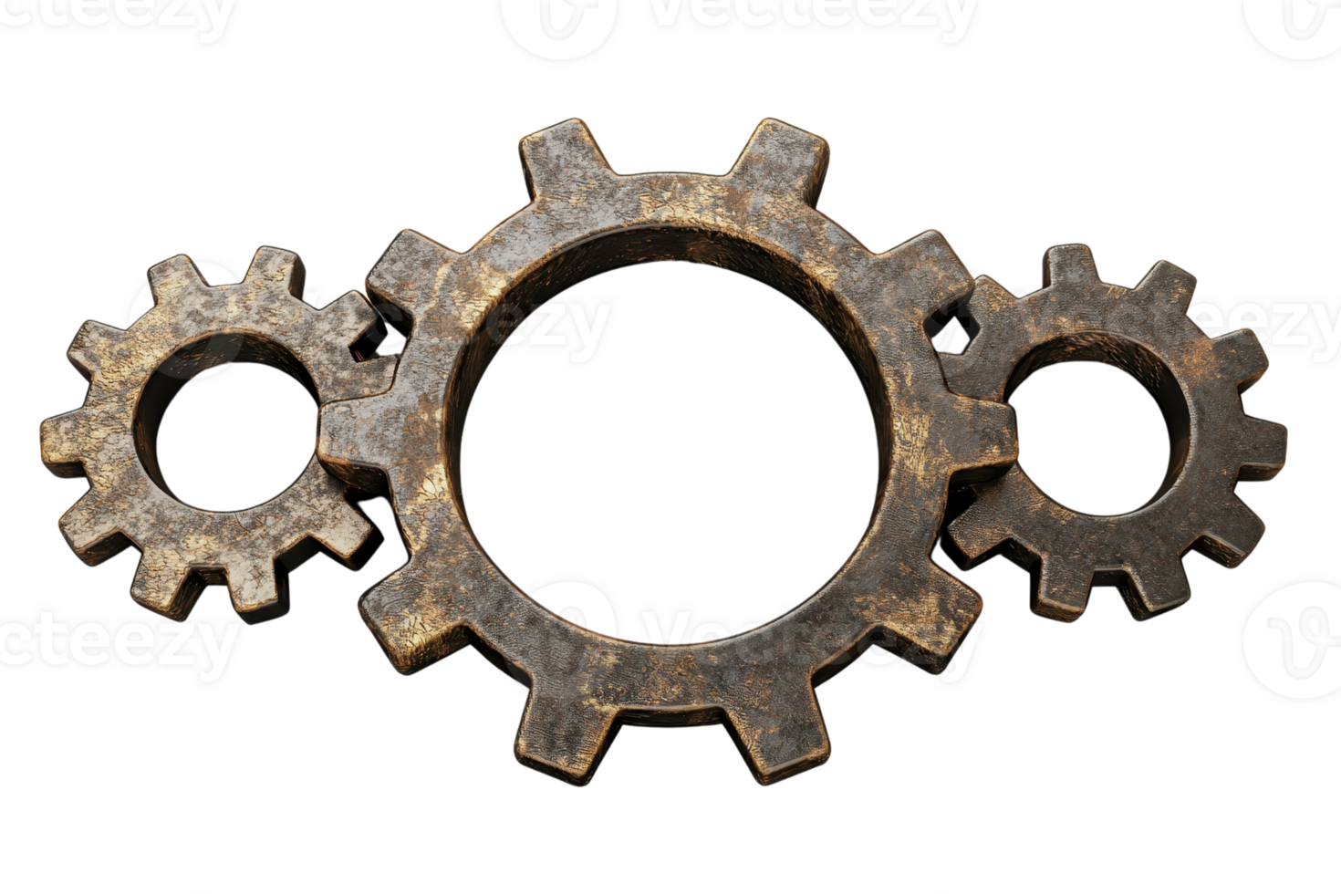 A set of three metallic gears arranged together, showcasing different sizes and intricate designs. png