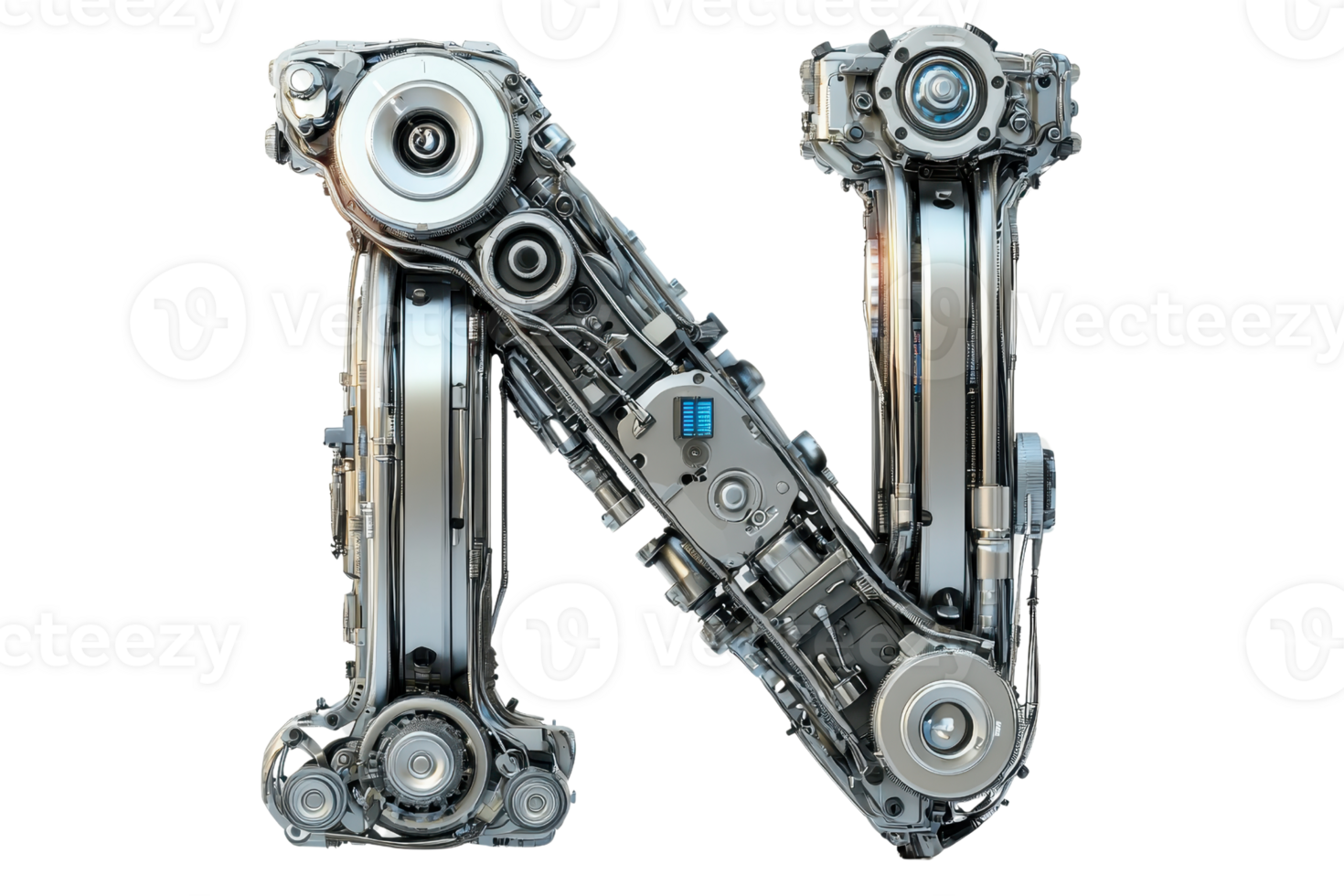 A metallic letter N constructed from intricate machinery and mechanical components. png