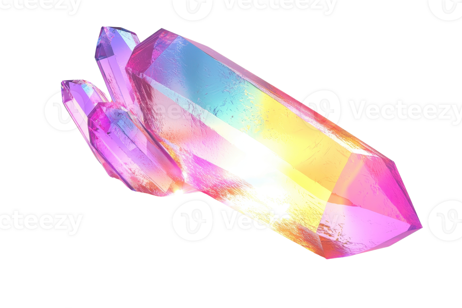 A vibrant, multi-faceted crystal with a mix of colors reflecting light, showcasing its geometric shape and brilliance. png