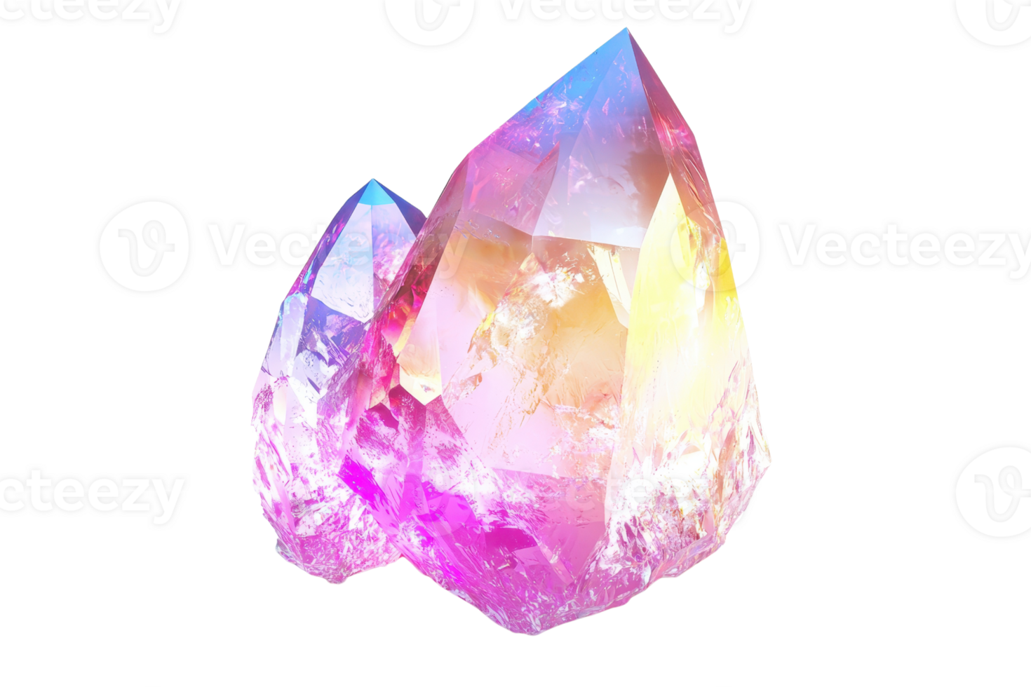 A vibrant crystal formation featuring sharp edges and a spectrum of colors, showcasing hues of pink, purple, and yellow. png