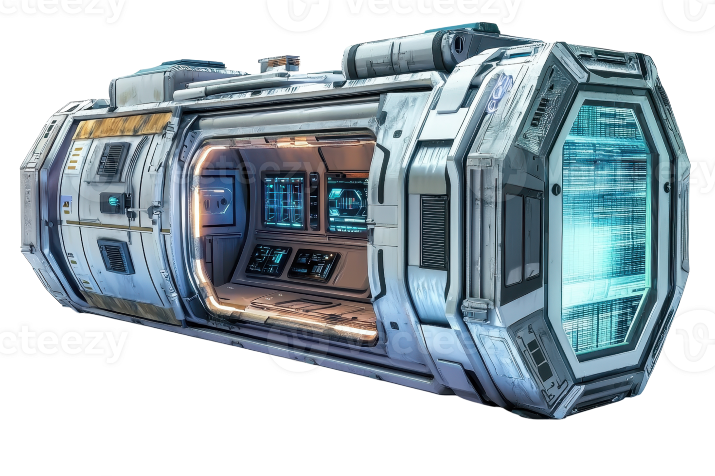 A futuristic space pod featuring advanced technology displays and a sleek design, showcasing a blend of metal and digital elements. png