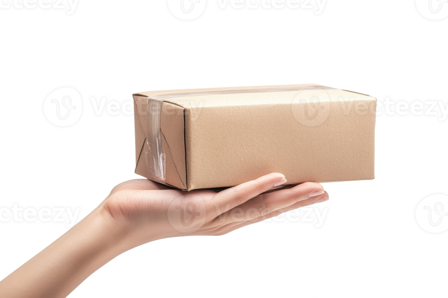 A hand holding a small, plain cardboard box against a transparent background, symbolizing delivery or packaging. png