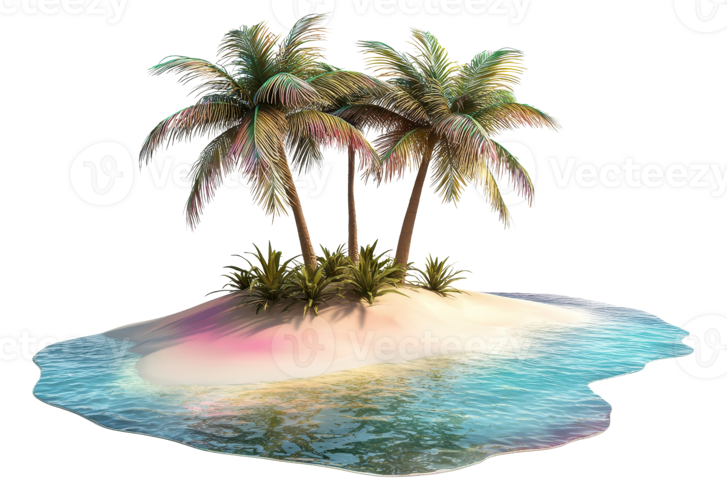 A tropical island with three palm trees and surrounding water, showcasing a serene and vibrant landscape. png