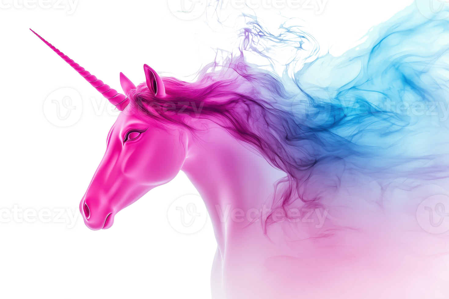 A vibrant pink unicorn emerges from colorful smoke against a transparent background, embodying whimsy and fantasy. png