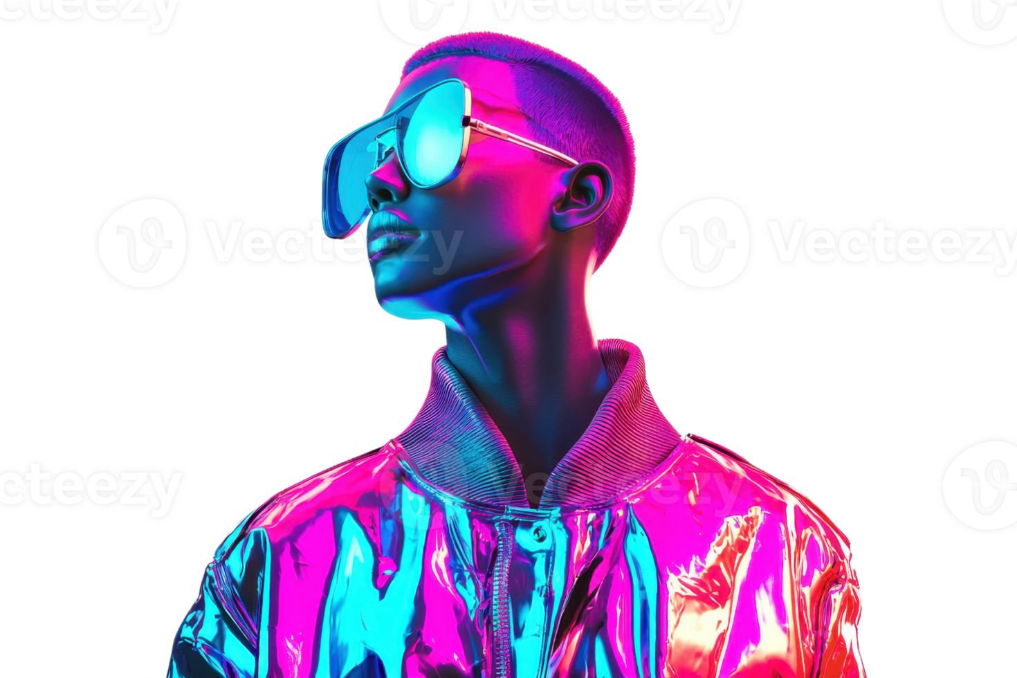 A colorful, stylized figure wearing oversized sunglasses and a shiny jacket, exuding a futuristic and vibrant aesthetic. png