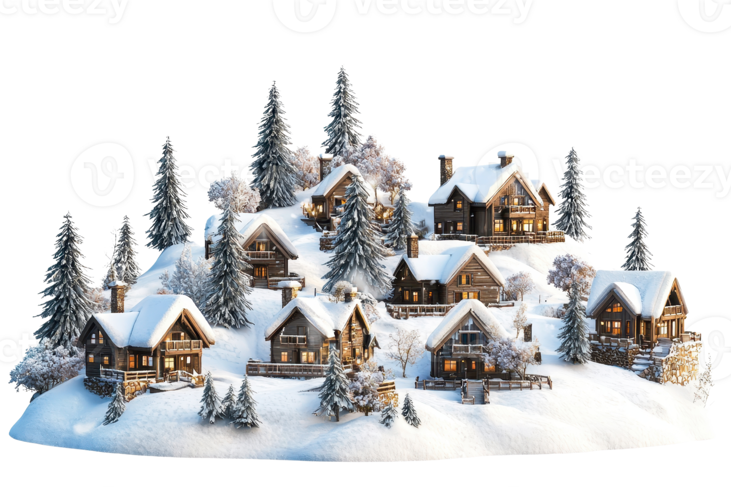 A cozy collection of snow-covered houses nestled among pine trees, creating a picturesque winter scene. png