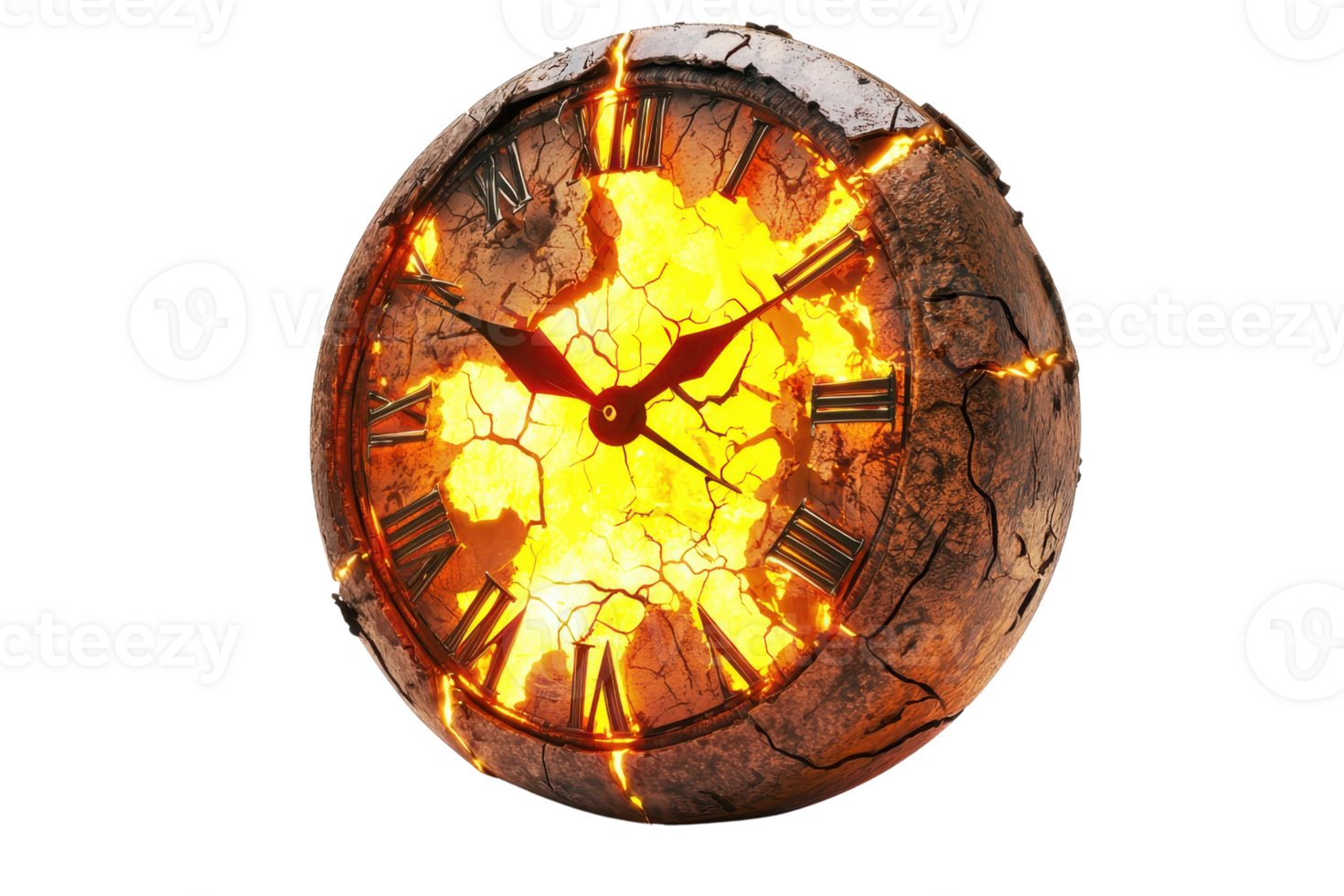 A cracked clock face with glowing orange and yellow elements radiating warmth, showcasing an intense and fiery design. png
