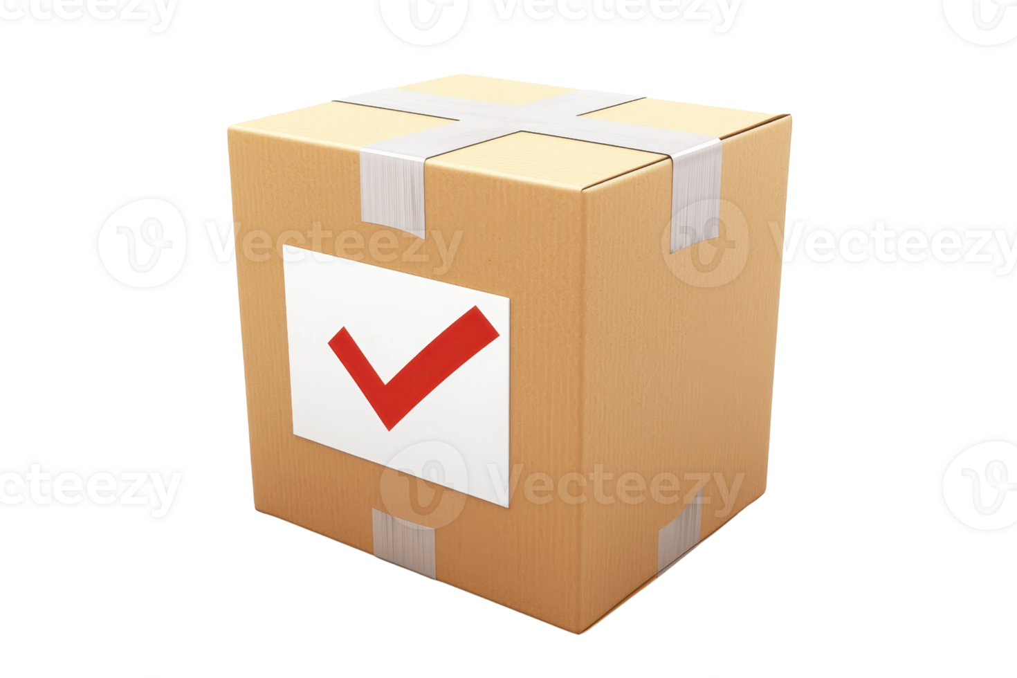 A cardboard box with a check mark symbol, indicating approval or completion. png