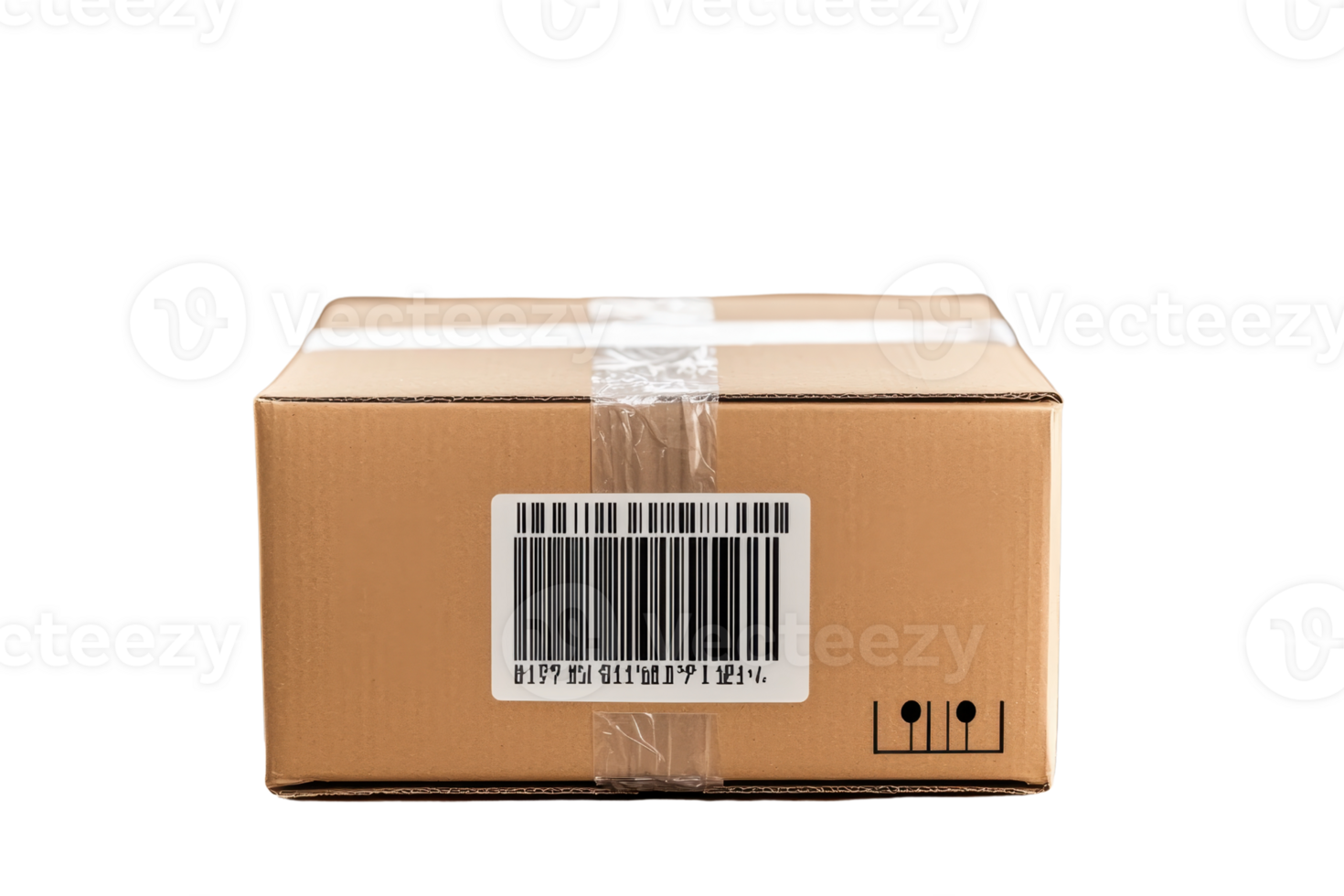 A rectangular cardboard box with a barcode and tape securing the flaps. png