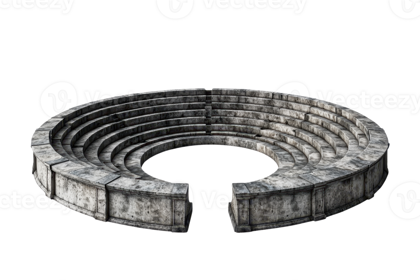 A circular stone amphitheater with tiered seating, showcasing weathered textures and a partially open center. png