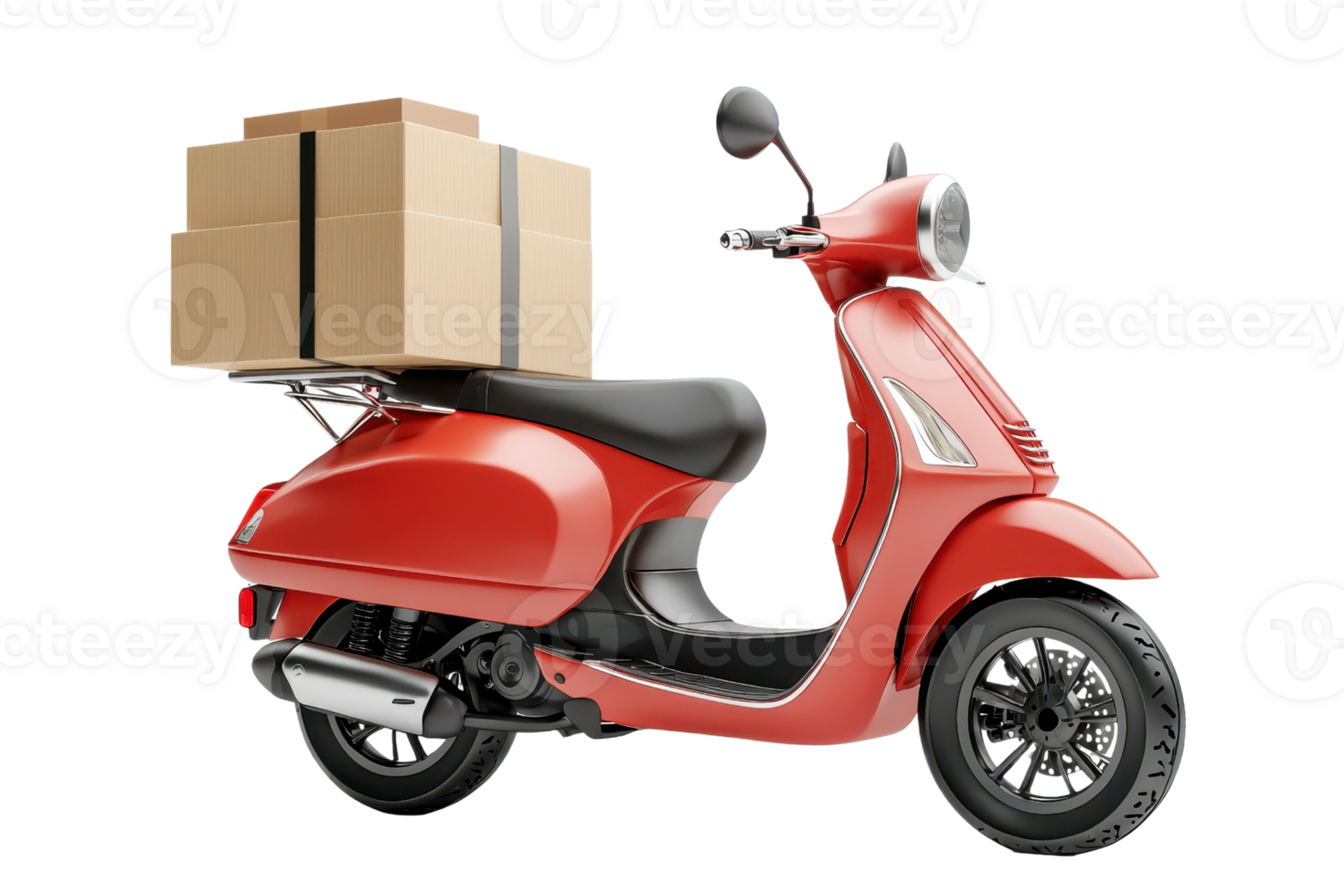 A vibrant red scooter with stacked boxes on the back, designed for delivery or transporting goods. png