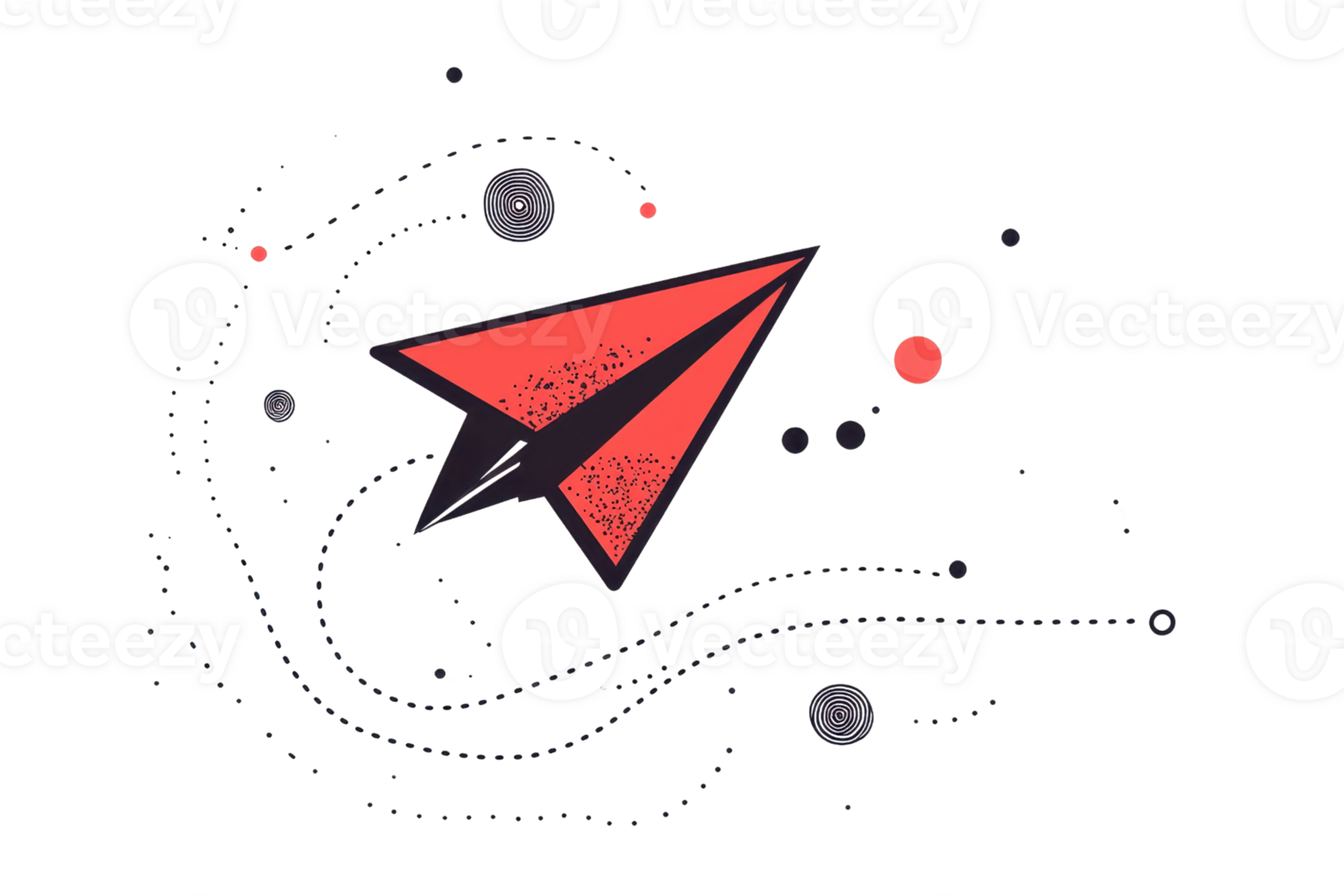 A stylized red paper airplane soaring with dynamic motion lines and small celestial elements around it. png