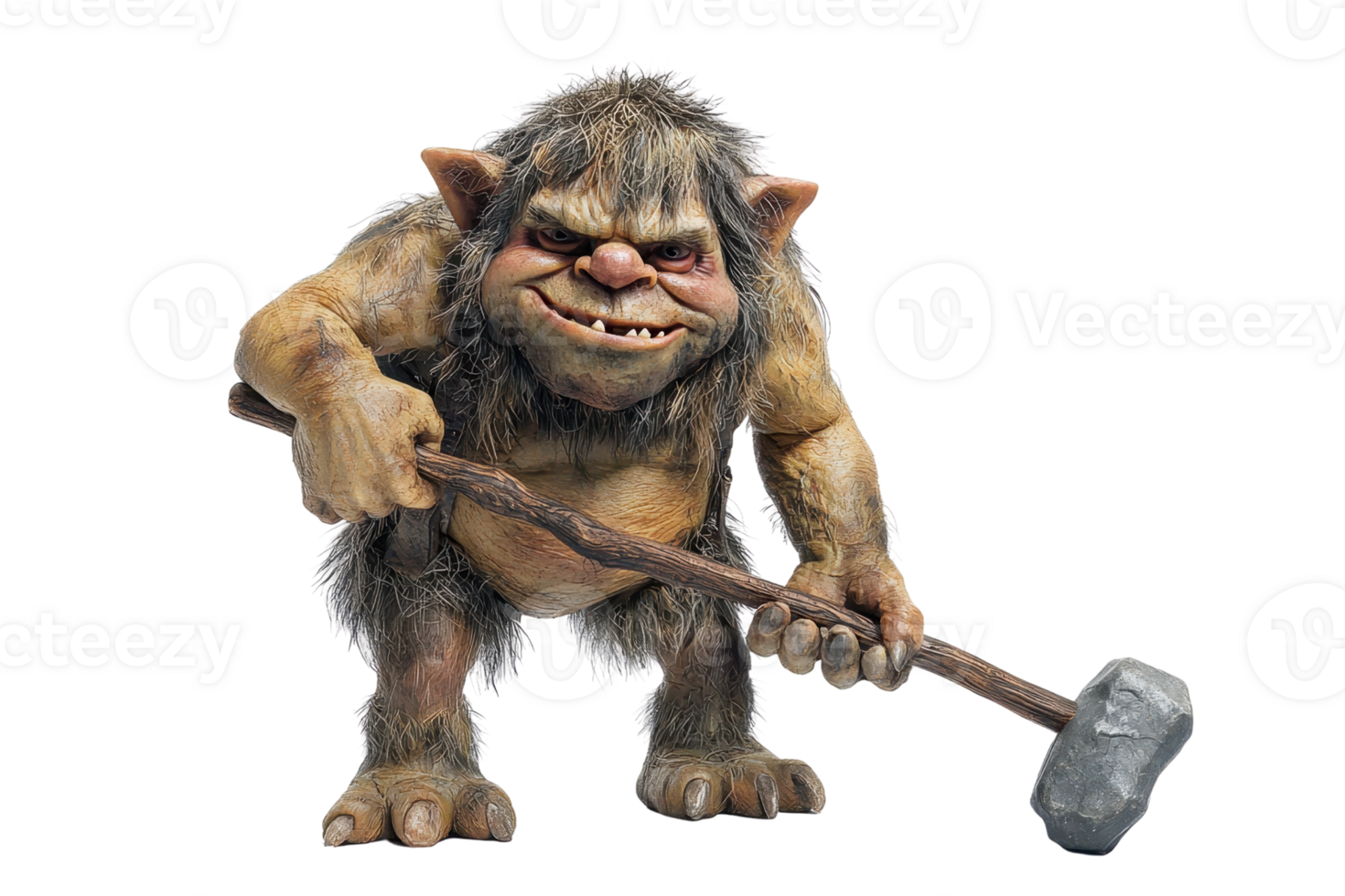 A whimsical troll character wielding a large hammer, featuring shaggy hair and an exaggerated grin, showcasing a playful yet mischievous demeanor. png