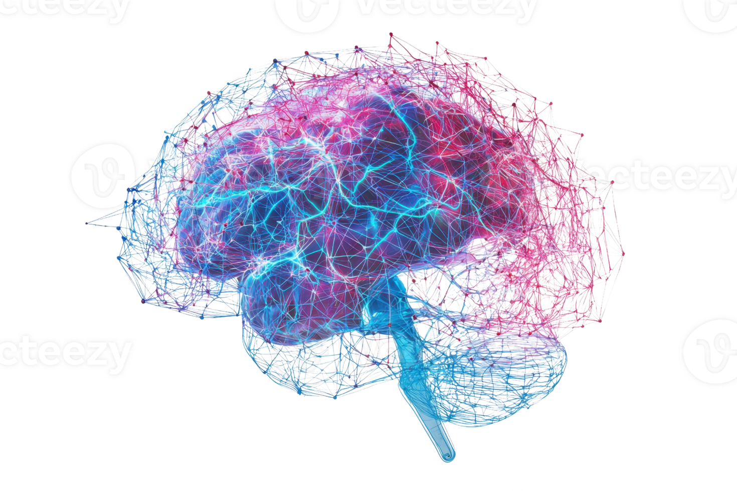 A vibrant, stylized representation of a brain, showcasing intricate neural connections and dynamic colors. png