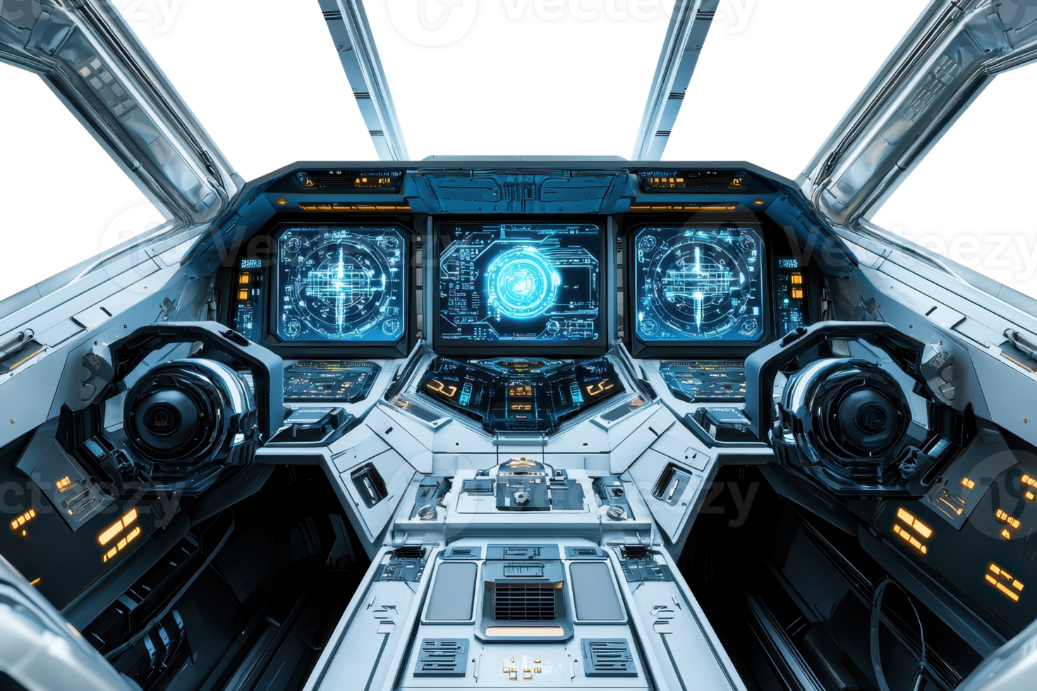 A futuristic spaceship cockpit featuring advanced control panels, digital displays, and sleek, modern design elements in a dark space environment. png