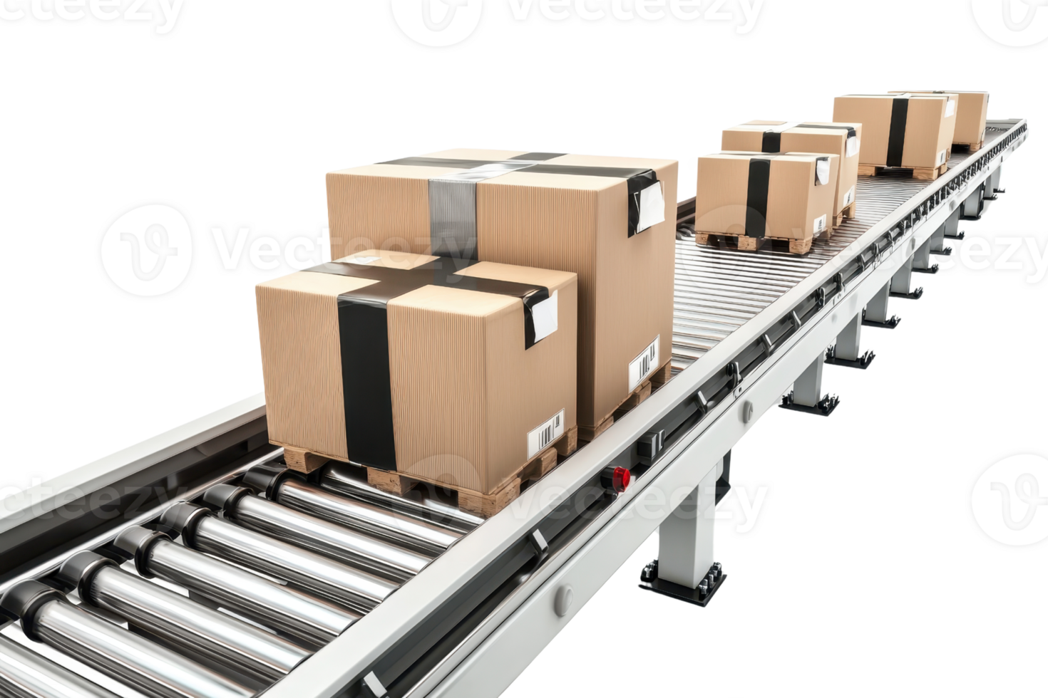 A series of cardboard boxes on a conveyor belt against a transparent background, showcasing a logistics or shipping process. png
