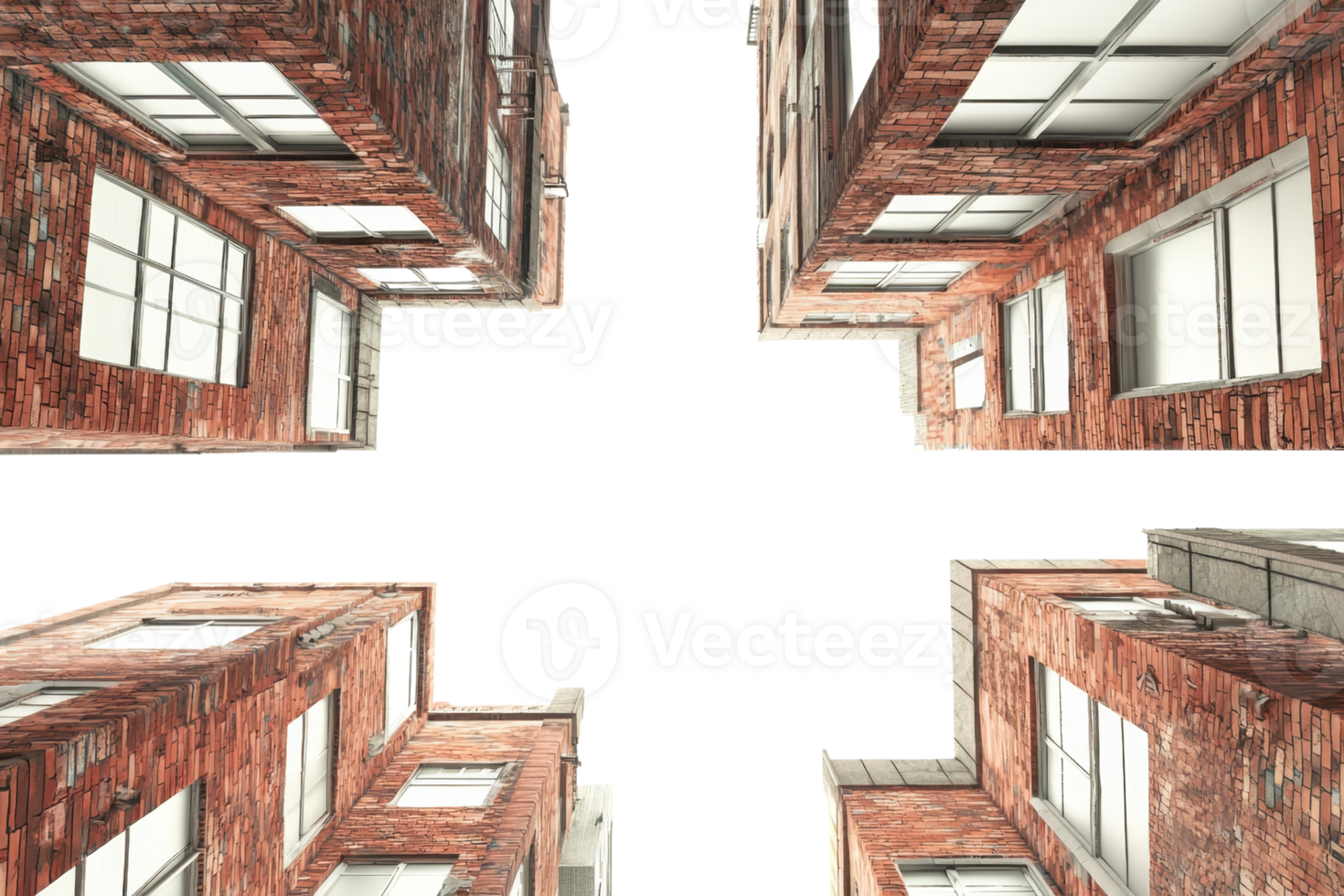 A captivating upward view of urban buildings forming a cross shape against a dark sky, highlighting architectural details and textures. png