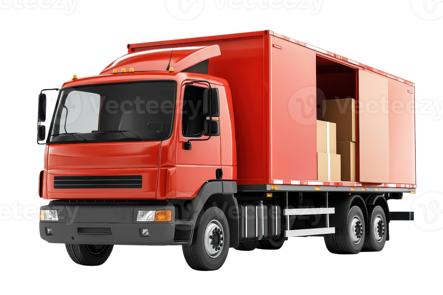 A red delivery truck featuring an open cargo area filled with cardboard boxes, showcasing its transporting capabilities. png