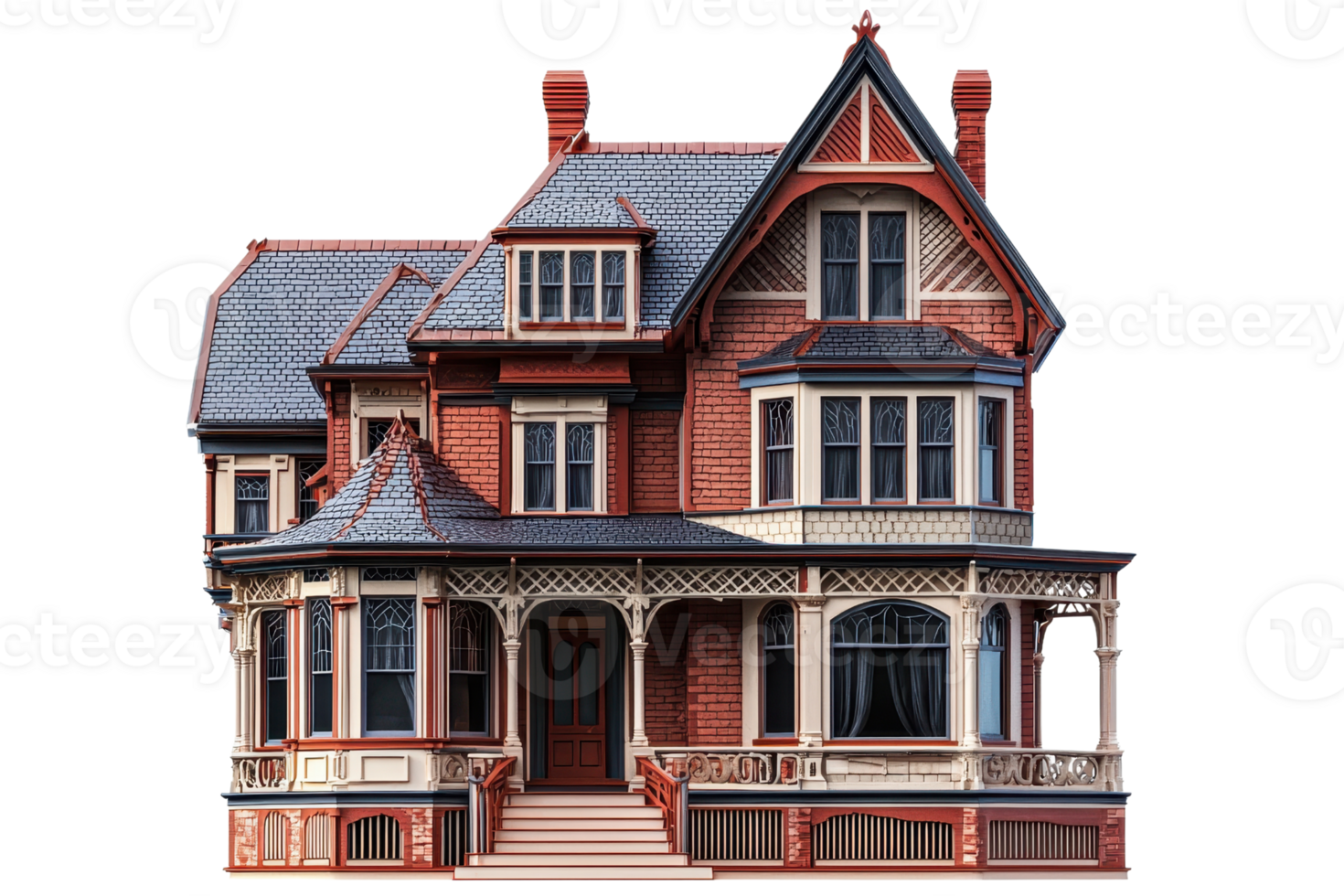A beautifully detailed Victorian-style house featuring intricate woodwork, multiple gables, and a welcoming porch. png