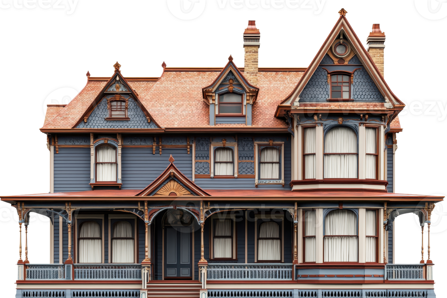 A beautifully detailed Victorian-style house featuring ornate architecture, with multiple gables and a charming porch. png