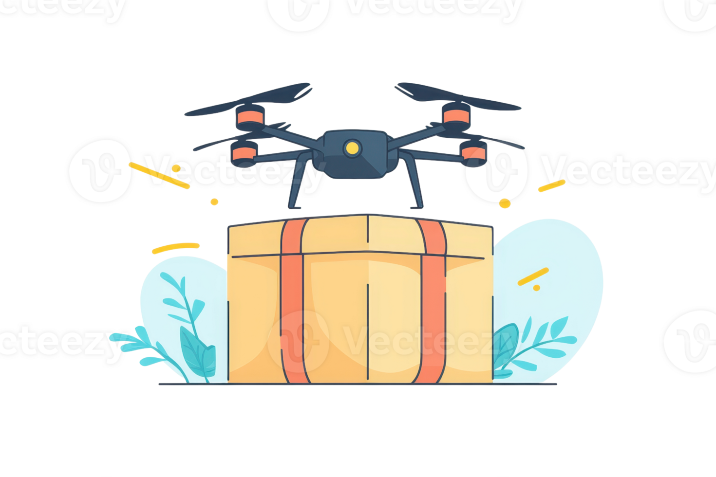 A drone hovers above a large delivery box, showcasing its capability to transport goods efficiently. png