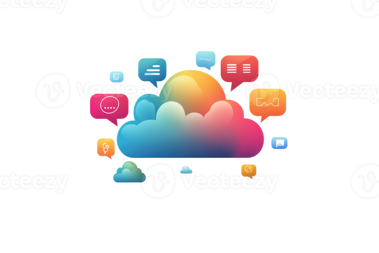 A colorful cloud featuring various communication icons representing digital interaction and connectivity. png