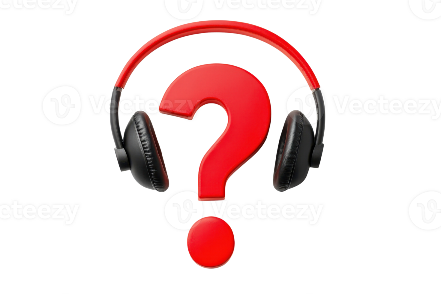 A bold red question mark with black headphones on either side, symbolizing inquiry or uncertainty in relation to audio or sound. png