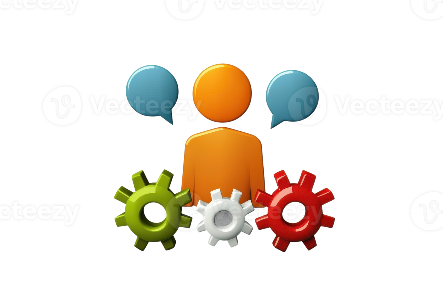 An abstract representation of communication and collaboration, featuring a figure, speech bubbles, and gears. png