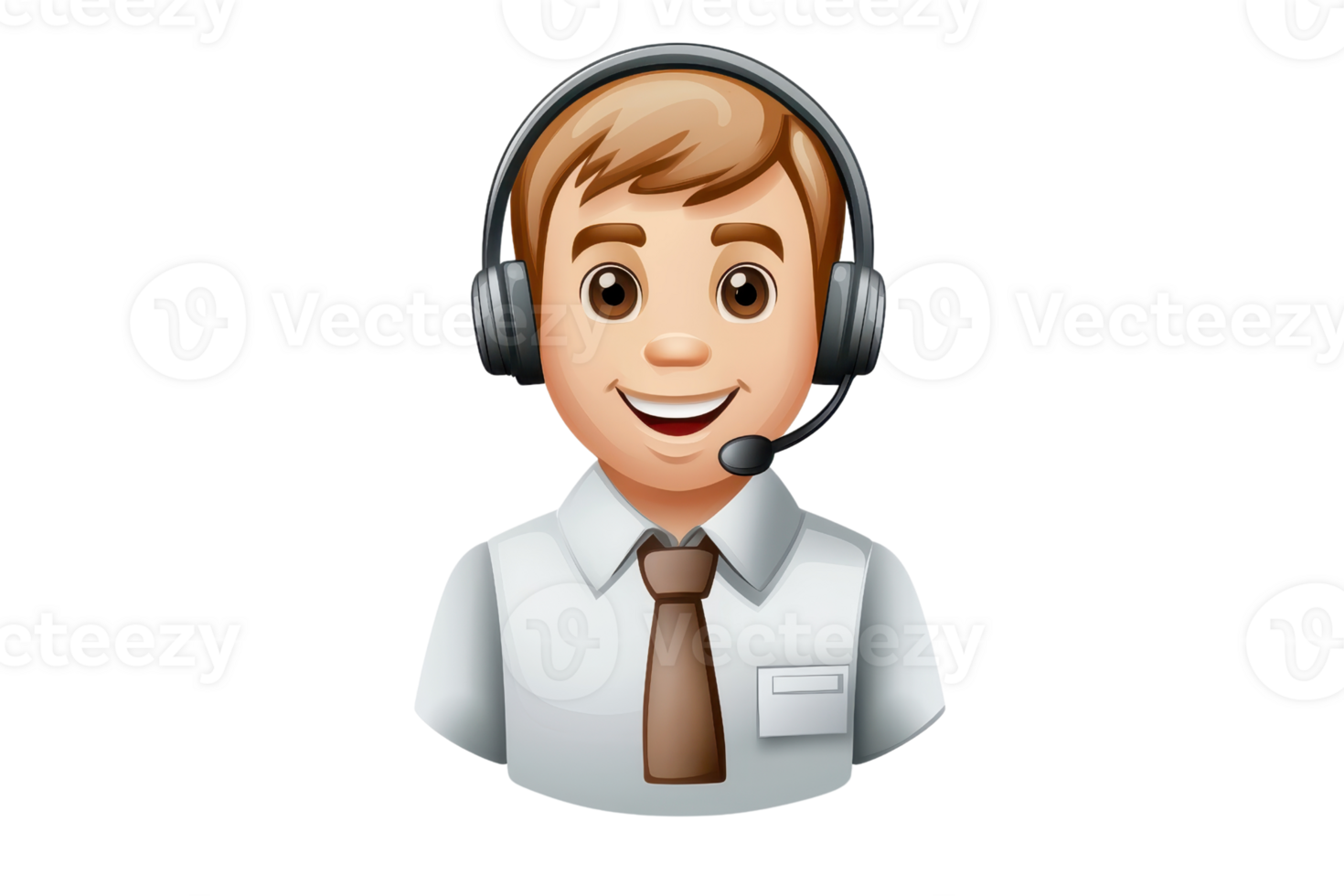 A cheerful young man with a headset, wearing a white shirt and tie, representing customer support or assistance roles. png